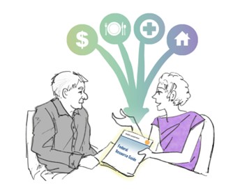 Illustration of seniors discussing federal resource guide.