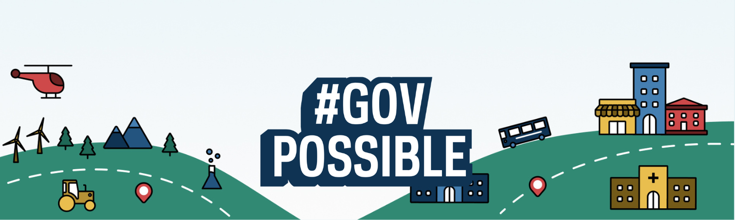2023 #GovPossible Campaign logo set above a cartoon town.