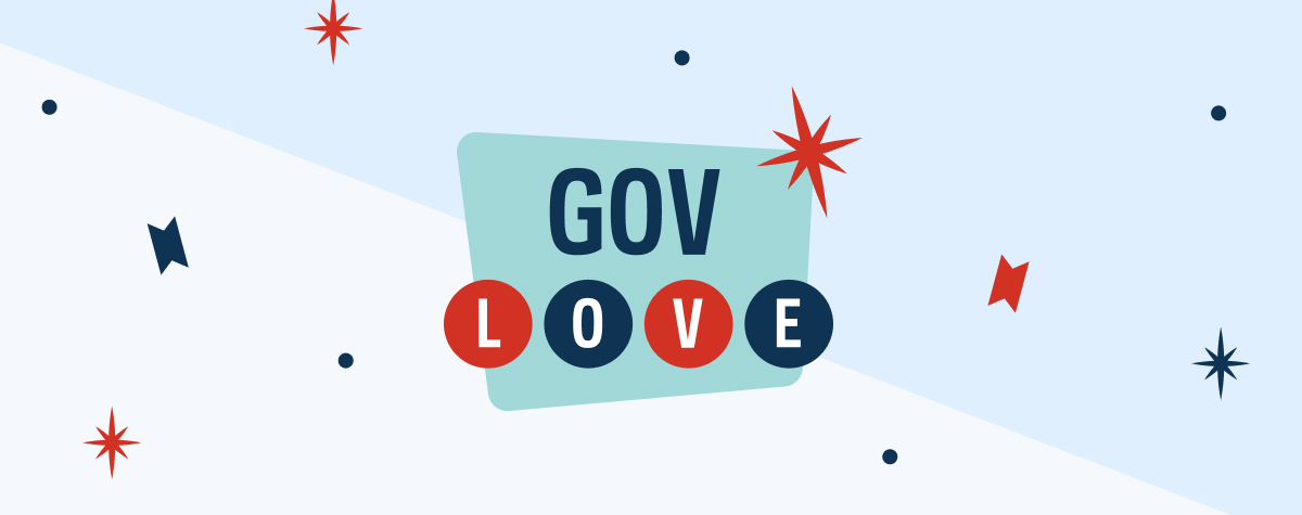 Performance.gov’s GovLove 2024 graphic logo with midcentury modern design. The blue and white background features playful polka dots and sparkles.