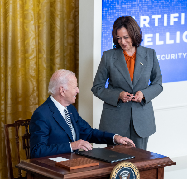 President Biden signs an executive order focused on  promoting safe and responsible use of artificial intelligence in the East Room of the White House on Monday.